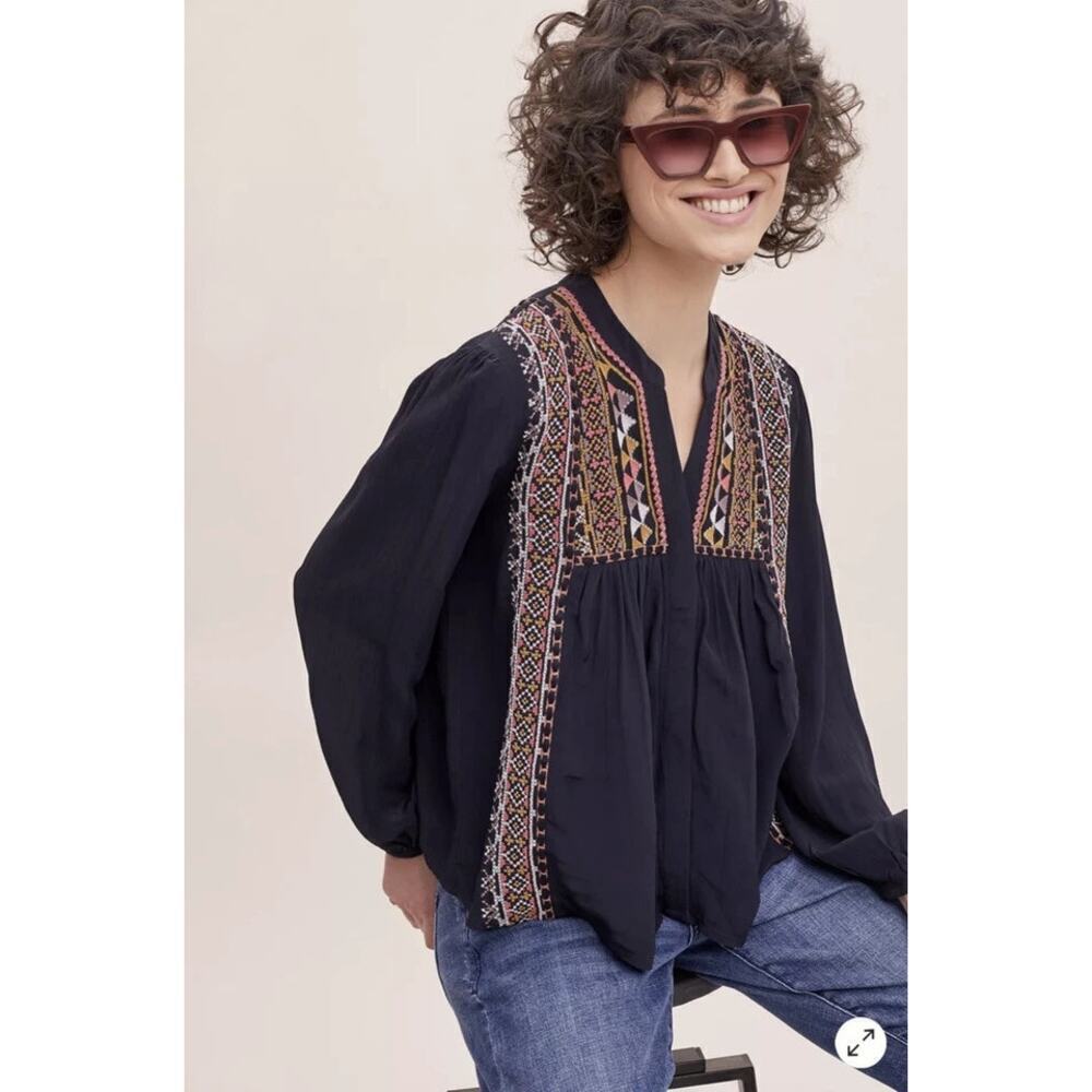 Anthropologie X Bl^nk Women's Black Lisi Embroidered Blouse Top Size XS